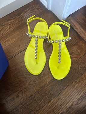 Stuart Weitzman Neon Yellow Jeweled T-Strap Sandals